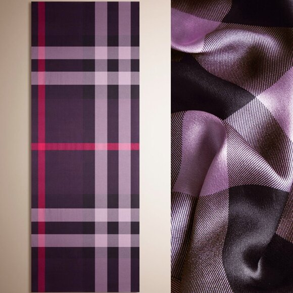 Display #1 Burberry Check Print Purple Satin Silk Scarf - Picture 6 of 16